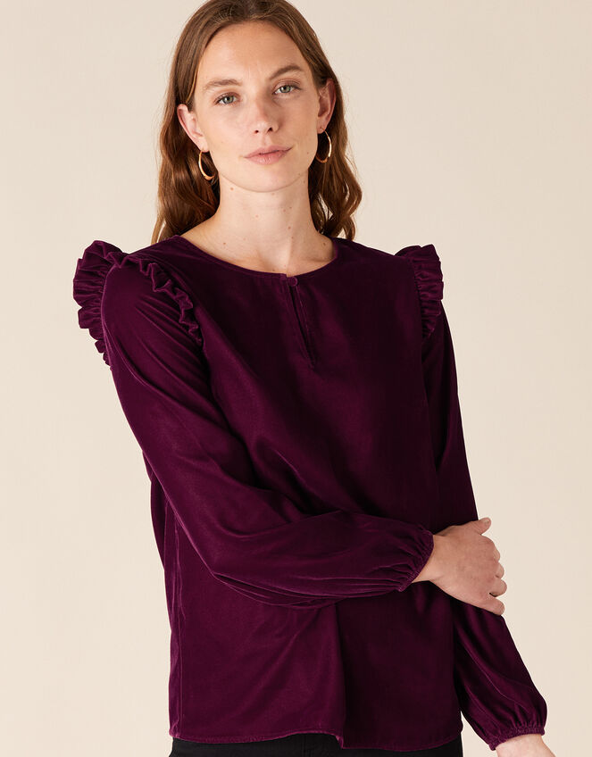 Velvet Ruffle Trim Top, Purple (PLUM), large