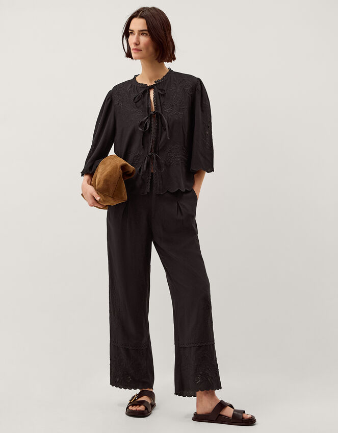 Cindy Embroidered Tie Front Top, Black (BLACK), large