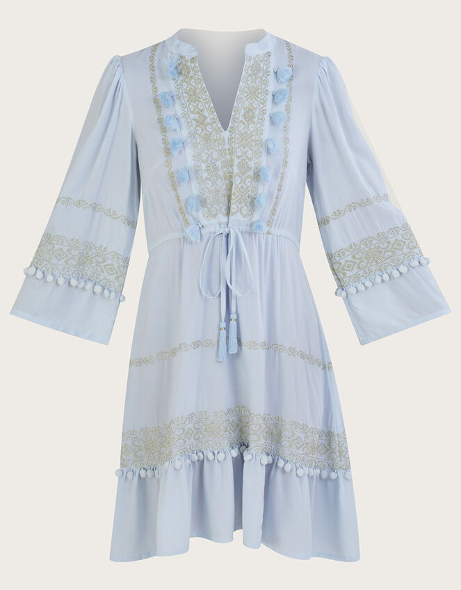 Embroidered Pom-Pom Kaftan Dress, Blue (BLUE), large
