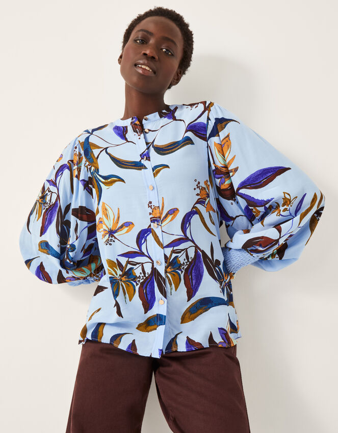 Sonya Floral Print Flowy Shirt, Blue (BLUE), large