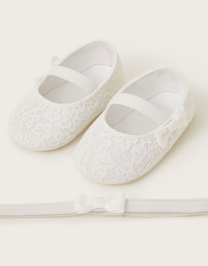 Baby Lace Booties and Bow Headband Set, Ivory (IVORY), large