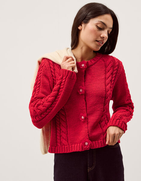 Kelly Flower Button Cable Knit Cardigan, Red (RED), large