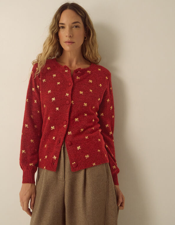 Fee Foil Bow Knit Cardigan, Red (BURGUNDY), large