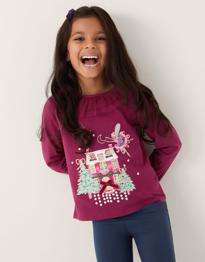 Christmas House Embellished Long Sleeve Top, Red (BURGUNDY), large