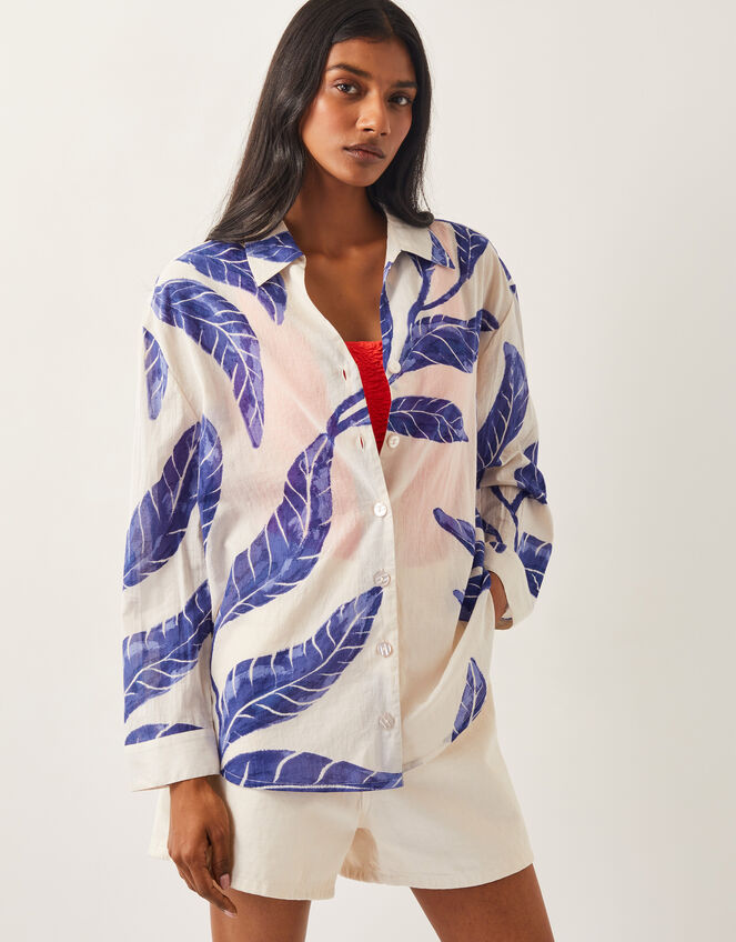 Dinah Palm Print Cotton Shirt, Blue (BLUE), large