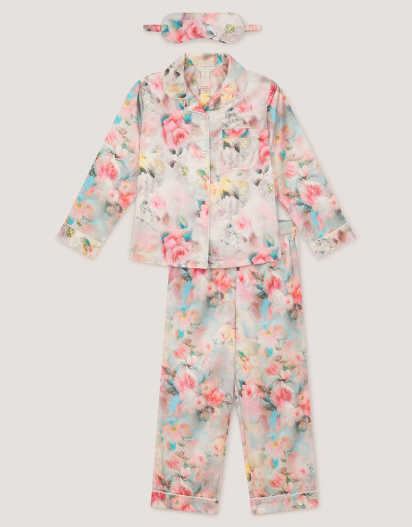Floral Print Satin Long Pajama & Eye Mask Set, Multi (MULTI), large