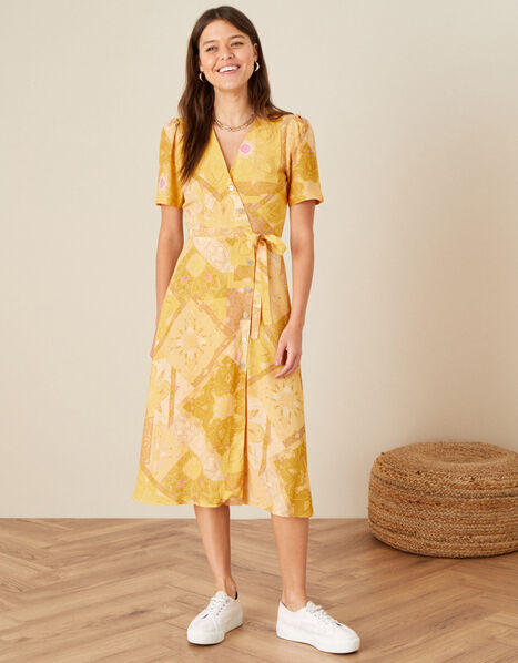 Goldie Scarf Print Wrap Dress Yellow, Yellow (YELLOW), large