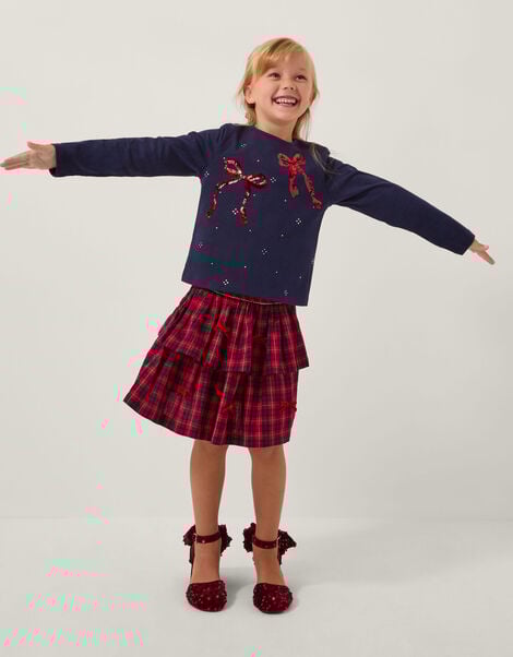 Bow Embellished Top & Tartan Skirt Set, Red (RED), large