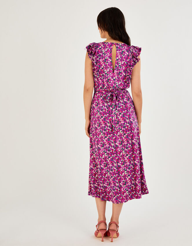 Frill Sleeveless Ditsy Floral Midi Dress, Purple (PURPLE), large