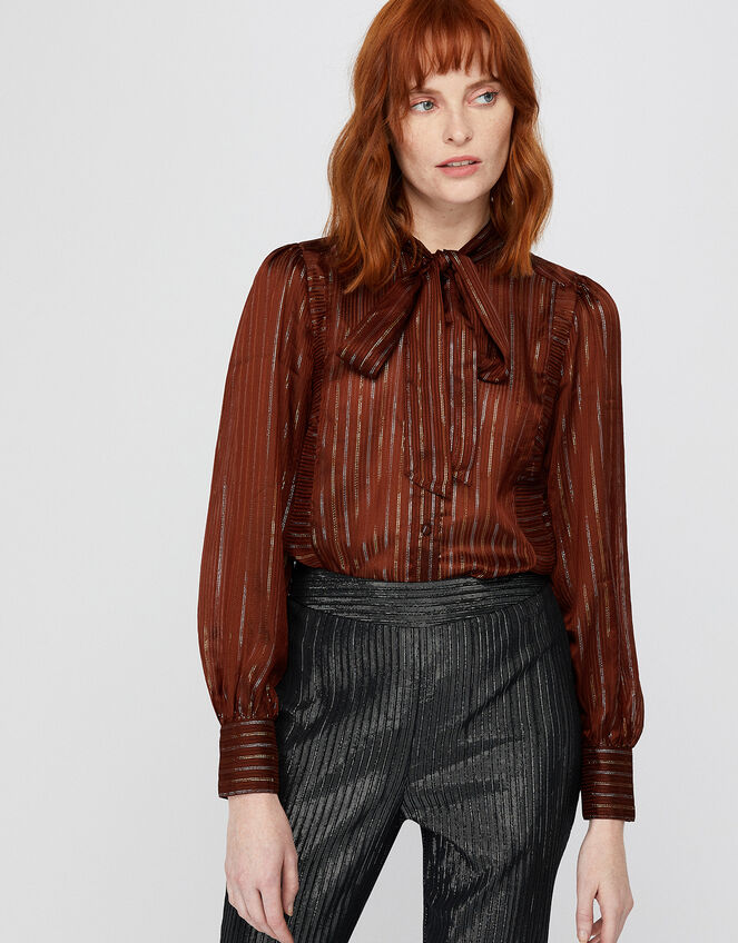 Elodie Metallic Pussybow Blouse, Brown (CHOCOLATE), large
