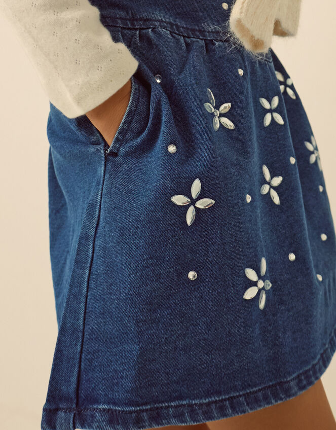 Jewel Flower Denim Skirt, Blue (BLUE), large