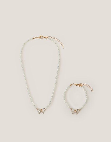 Jewel Bow Pearl Necklace & Bracelet Set, , large