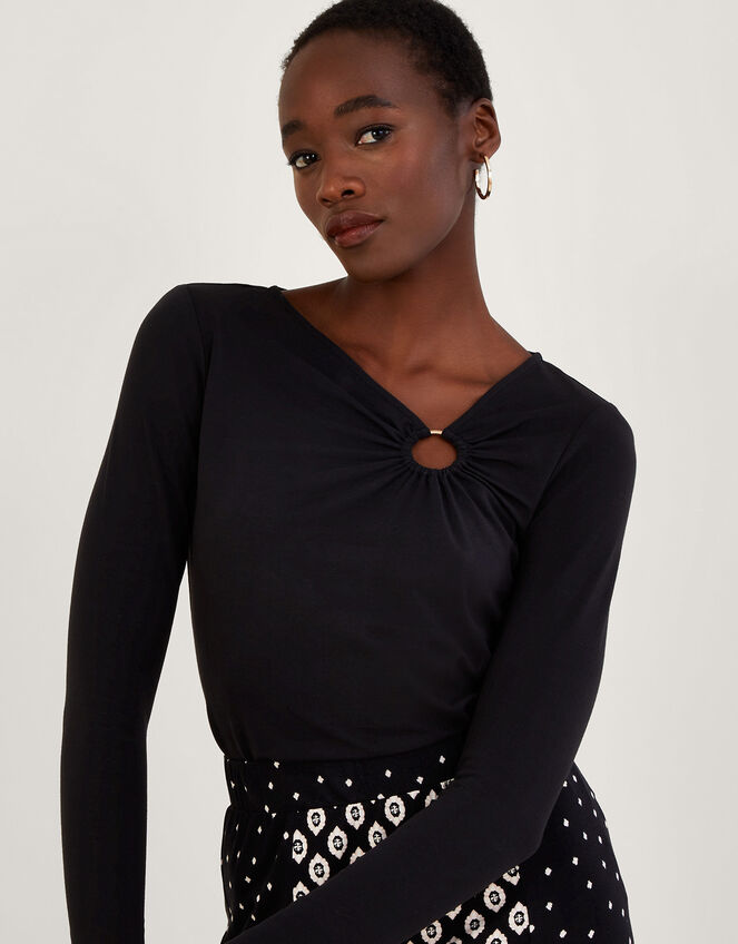 Ring Detail Jersey Top with Sustainable Cotton, Black (BLACK), large