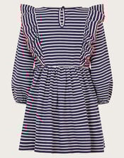 Floral Embroidered Stripe Ruffle Dress, Blue (NAVY), large