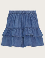 Chambray Embroidered Ruffle Skirt, Blue (BLUE), large