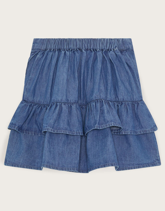 Chambray Embroidered Ruffle Skirt, Blue (BLUE), large