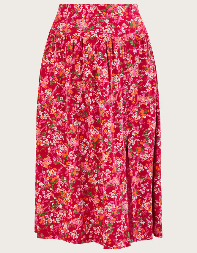 Ditsy Floral Print Skirt in Linen Blend, Red (RED), large