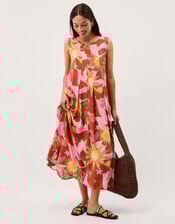 Anissa Sun Print Pleated Midi Dress, Orange (ORANGE), large