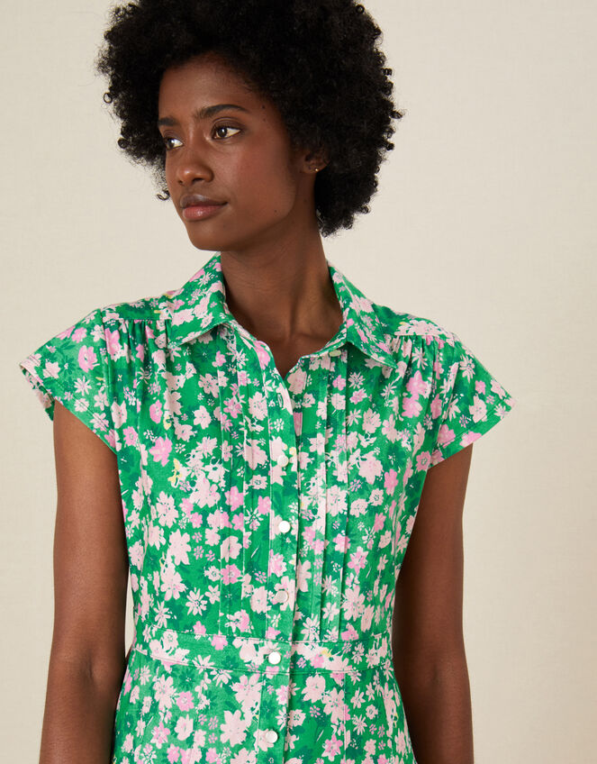 Ditsy Floral Jersey Shirt Dress, Green (GREEN), large