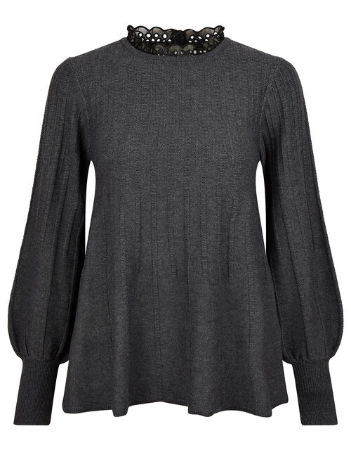 Woven Neckline Knit Jumper with Recycled Polyester Grey