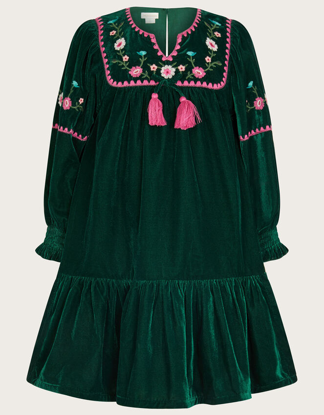 Boutique Velvet Rose Embroidered Dress, Green (GREEN), large