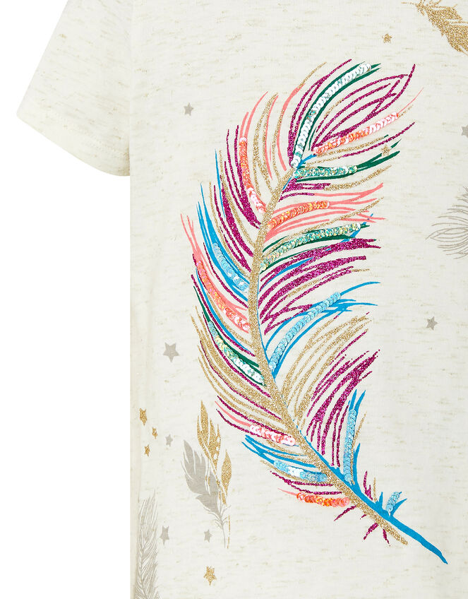 Glitter and Sequin Feather T-Shirt, Camel (OATMEAL), large