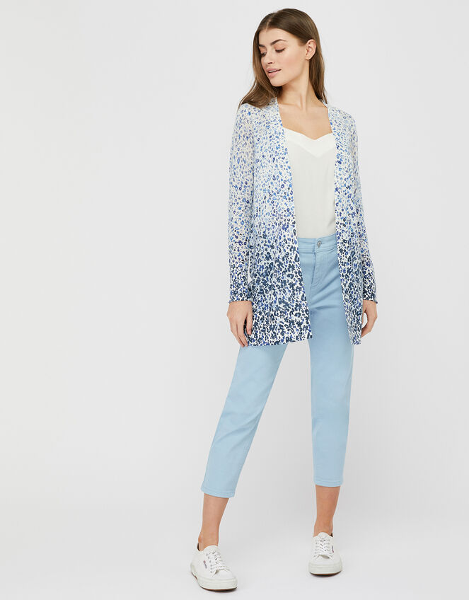 Poppy Floral Longline Cardigan in Linen Blend, Blue (BLUE), large