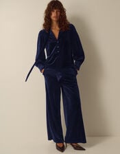Tessa Neck Tie Velvet Shirt, Blue (MIDNIGHT), large
