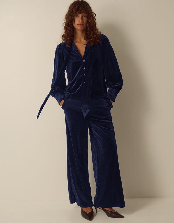 Tessa Neck Tie Velvet Shirt, Blue (MIDNIGHT), large