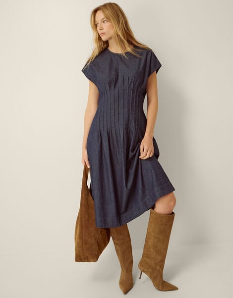 Jasmin Pleated Denim Midi Dress, Blue (DENIM BLUE), large