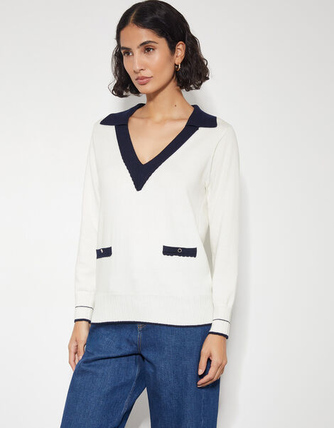 Clara V-Neck Collared Jumper, Ivory (IVORY), large