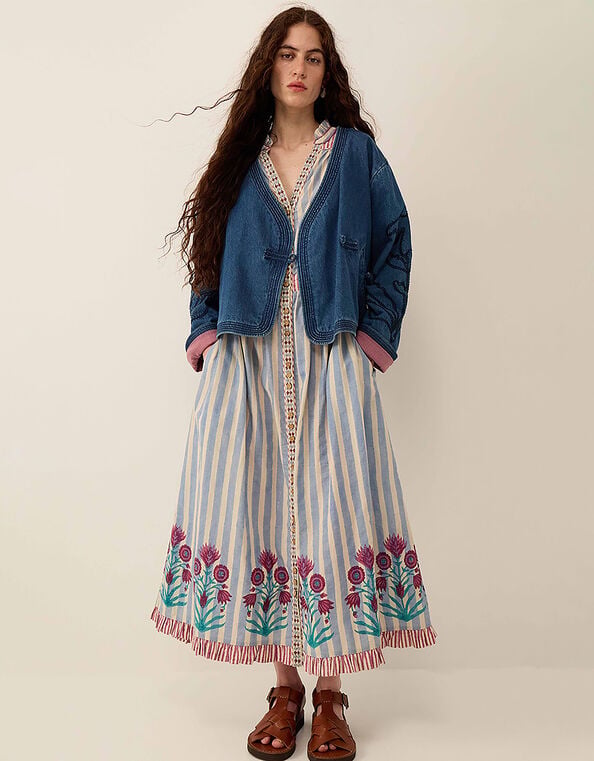 East Juna Denim Botanical Embroidered Jacket, Blue (BLUE), large