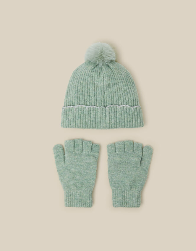 Pearl Flower Bobble Hat & Gloves Set, Green (GREEN), large