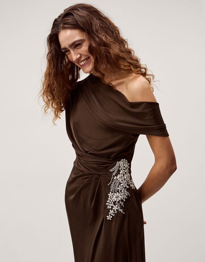 Trina Asymmetrical Embellished Jersey Maxi Dress, Brown (CHOCOLATE), large