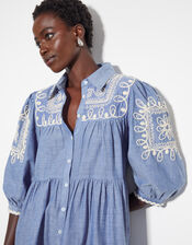 Damia Embroidered Chambray Mini Shirt Dress, Blue (DENIM BLUE), large