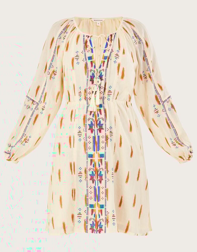 Aztec Print and Embroidered Short Dress, Ivory (IVORY), large