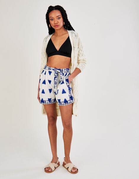 Premium Embroidered Ikat Print Shorts Blue, Blue (BLUE), large