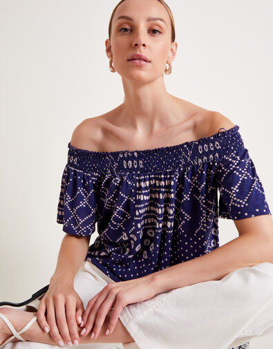 Cindy Print Bardot Top, Blue (BLUE), large