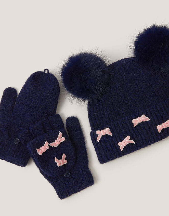 Bow Hat & Gloves Set, Blue (NAVY), large