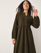 Zola Ric Rac Corduroy Midi Dress, Green (KHAKI), large