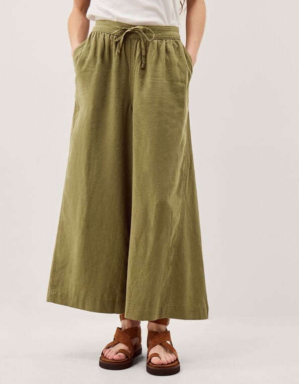 Maisie Linen Blend Cropped Wide Leg Pants, Green (KHAKI), large