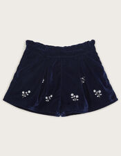 Flower Embellished Velvet Shorts, Blue (NAVY), large