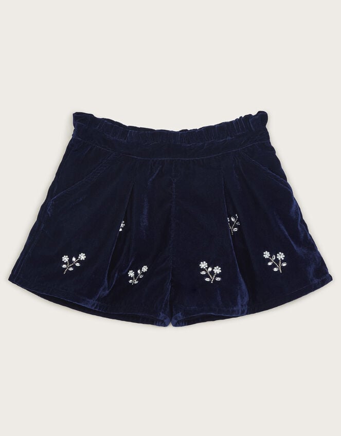 Flower Embellished Velvet Shorts, Blue (NAVY), large