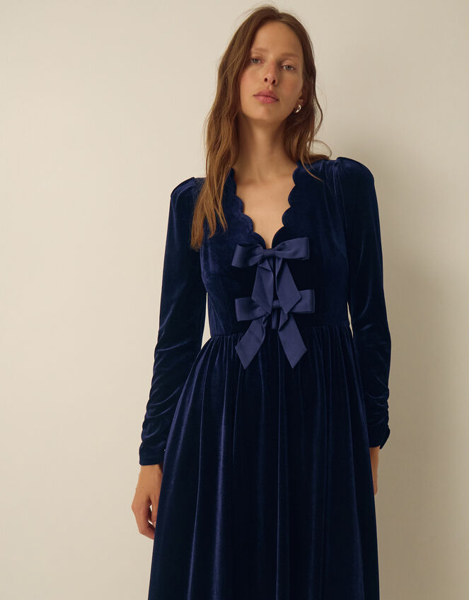 Britney V-Neck Bow Velvet Midi Dress, Blue (MIDNIGHT), large
