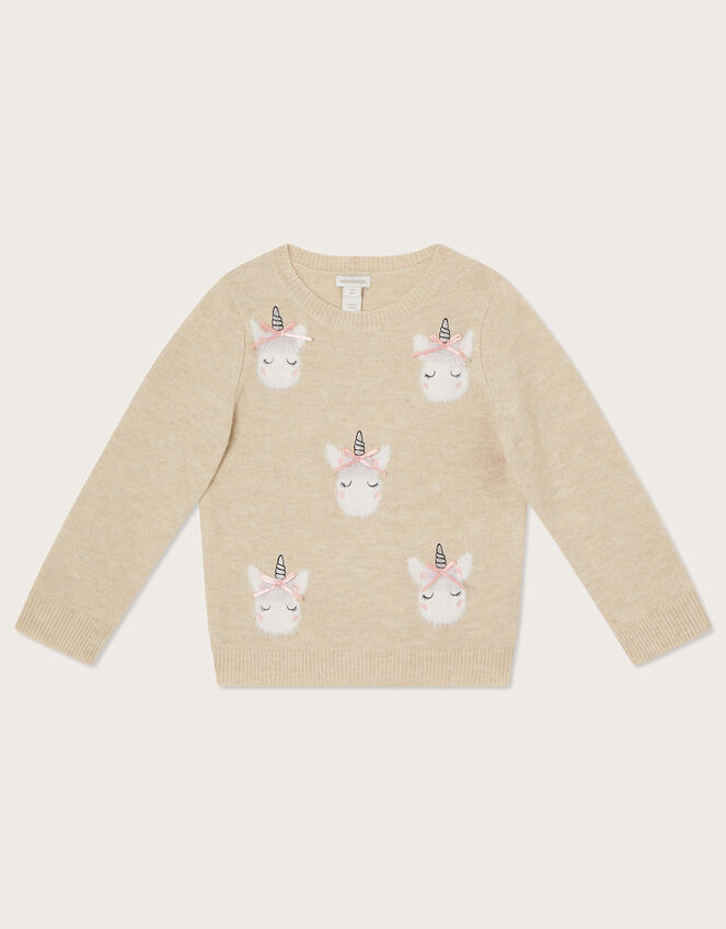 Unicorn Heads Crew Neck Jumper, Camel (OATMEAL), large