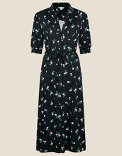 Floral Print Midi Shirt Dress, Black (BLACK), large