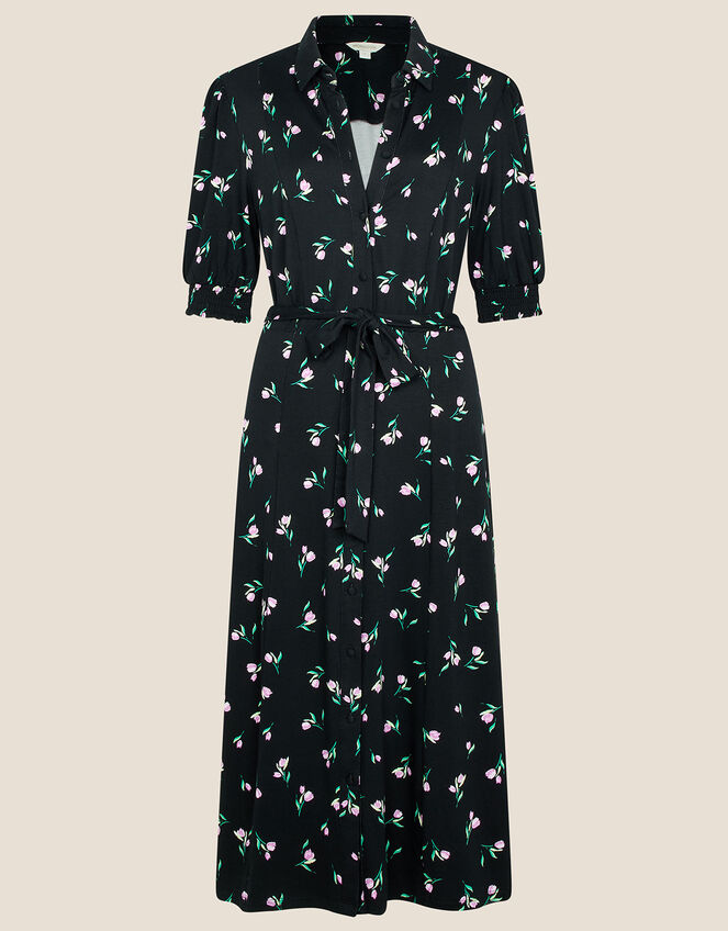 Floral Print Midi Shirt Dress, Black (BLACK), large