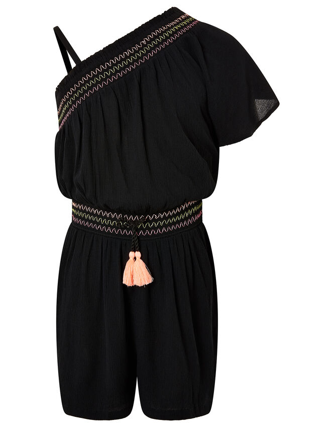 One-Shoulder Playsuit in Recycled Viscose, Black (BLACK), large