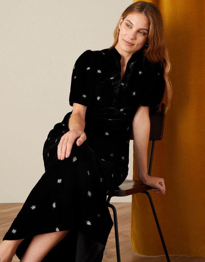 Embroidered Feather Velvet Maxi Dress, Black (BLACK), large