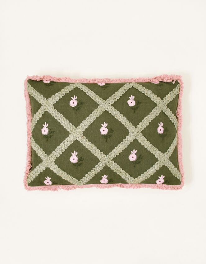 Fringe Floral Embroidered Cushion, , large